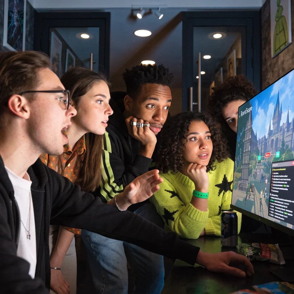 A realistic photo of diverse gamers discussing RuneScape updates and community reactions around a computer screen displaying RuneScape gameplay.