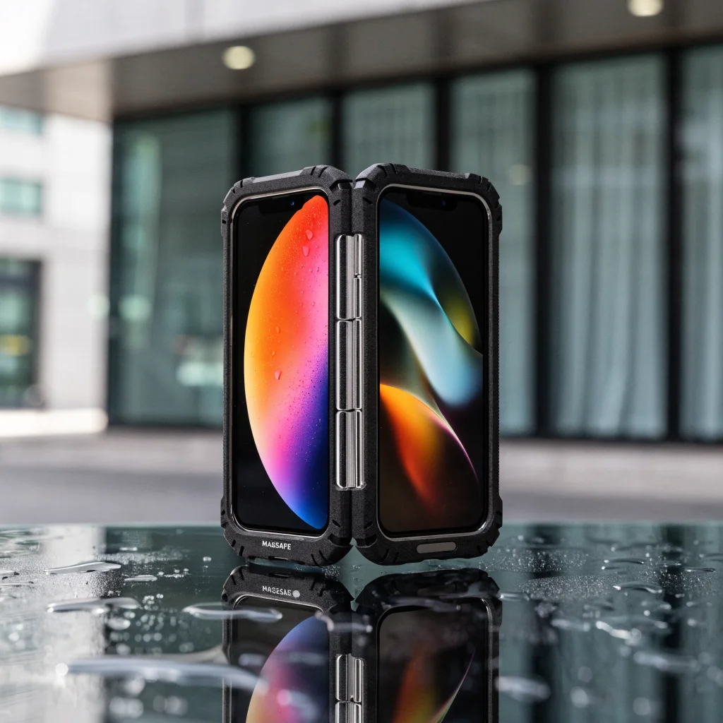 A realistic photo of a foldable iPhone Duo with a durable, stylish MagSafe-compatible protective case designed for 2026 models, showcased on a sleek surface.