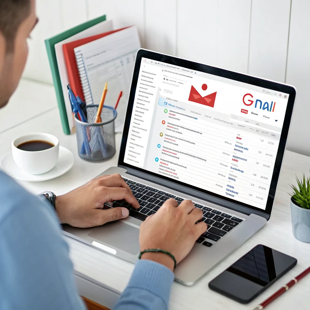 A realistic photo of a person managing multiple Gmail accounts on a laptop, using email forwarding and inbox cleaning tools to organize messages efficiently.