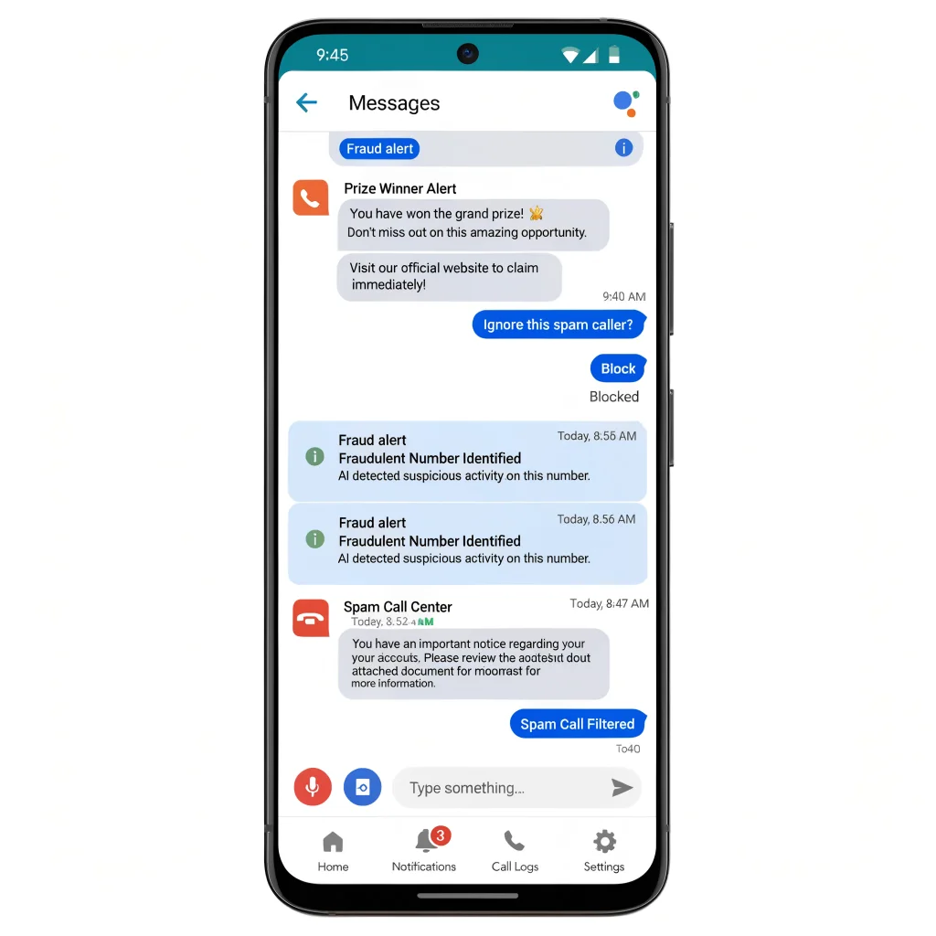 A smartphone screen showing Google Messages with AI-powered fraud detection alerts and spam call filters active on an Android device.