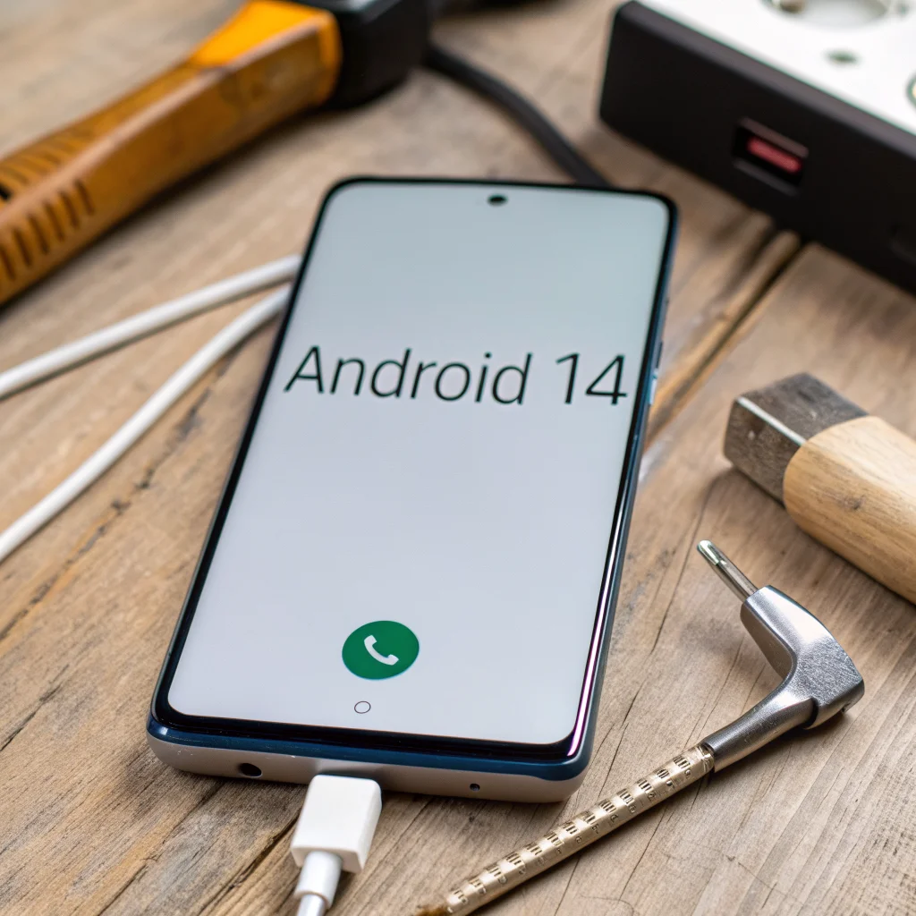 A realistic photo of a Google Pixel 6 smartphone displaying the Android 14 update screen next to a USB cable, with repair tools and a traded-in old phone in the background.