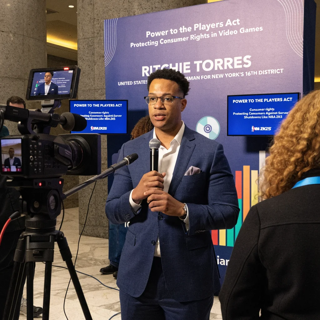New York politician Ritchie Torres advocates for video game ownership rights and consumer protections against server shutdowns like NBA 2K25 under the Power to the Players Act.