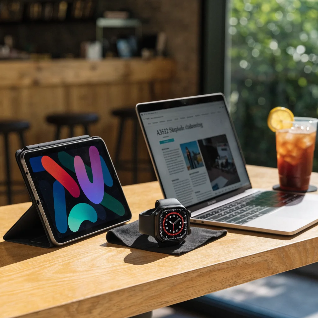 A realistic photo of the iPad mini 8 with OLED screen and Apple Smart Folio A3632 alongside Apple Watch Ultra 4 and MacBook Pro OLED.
