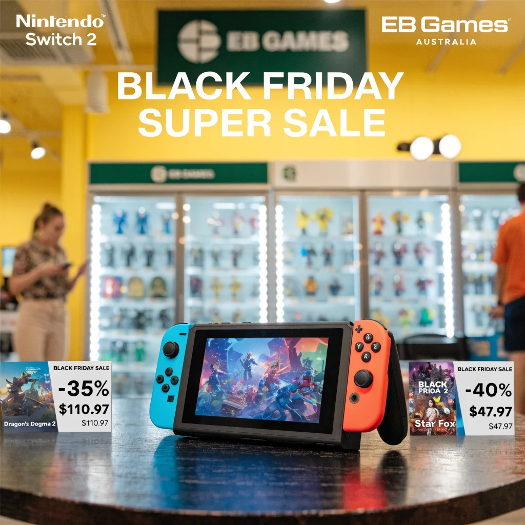 A realistic photo of a Nintendo Switch 2 console next to discounted Black Friday game deals including Dragon's Dogma 2 and Star Fox in an Australian retail store.