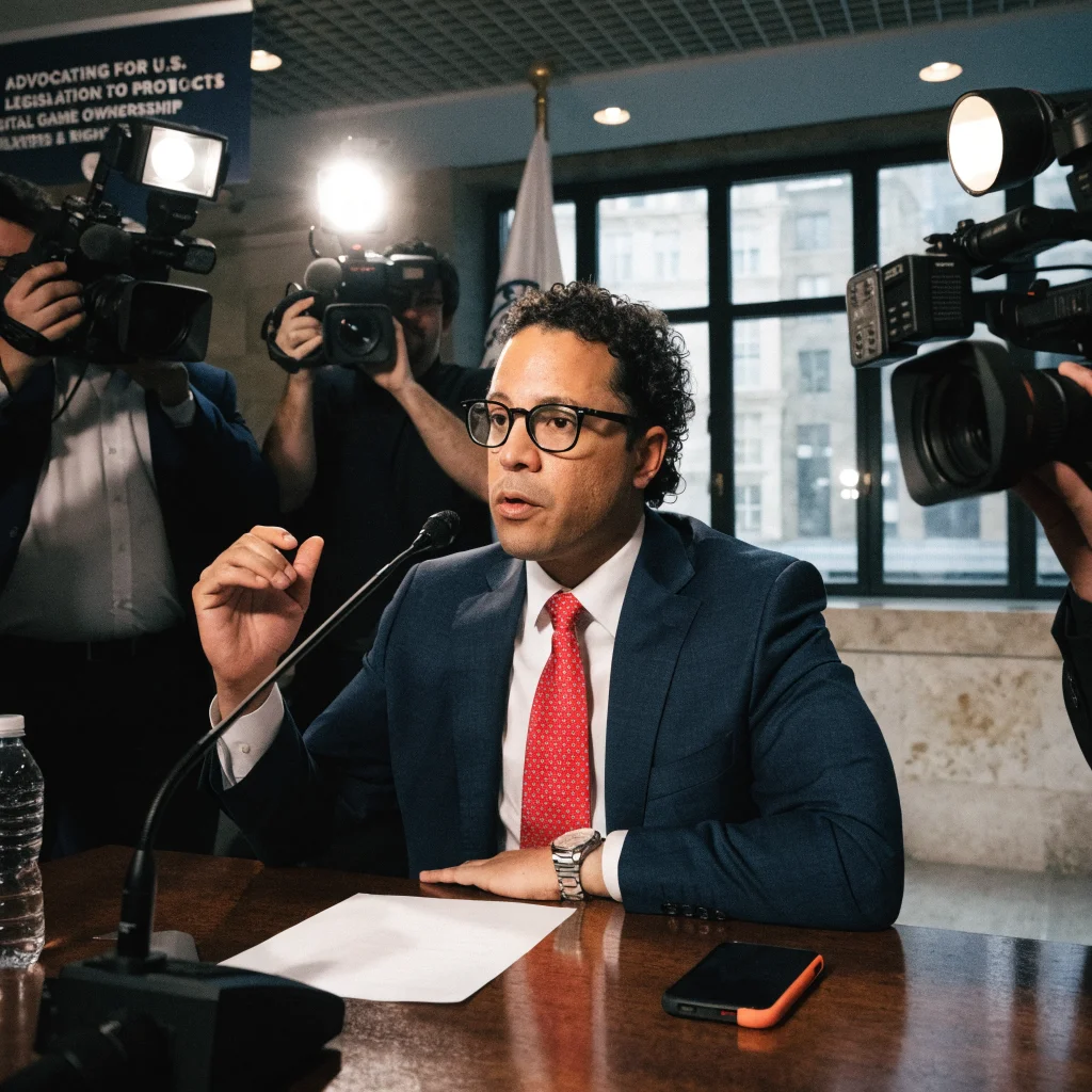 A photo of Ritchie Torres speaking at a press conference advocating US legislation on digital game ownership and players' rights.