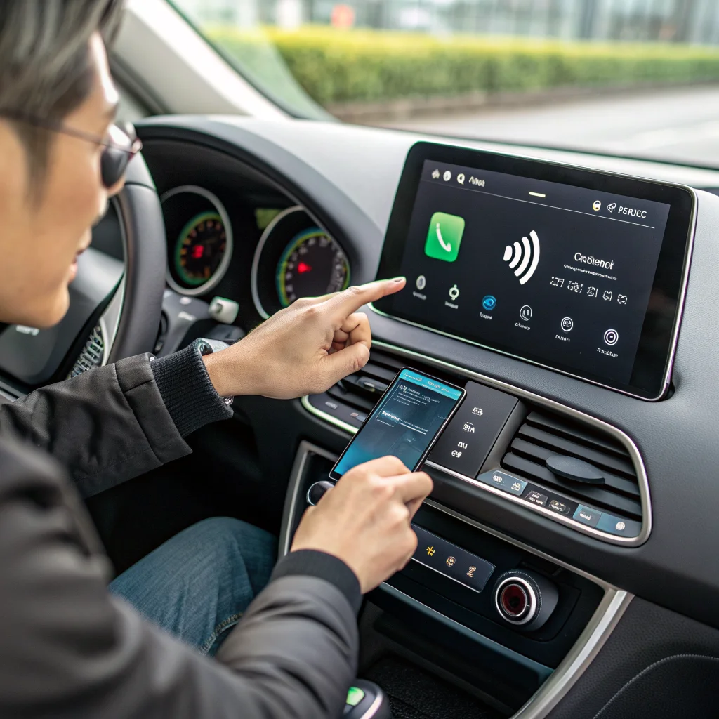 A person adjusting Android Auto settings on a car dashboard screen while showing wireless connection and developer options.