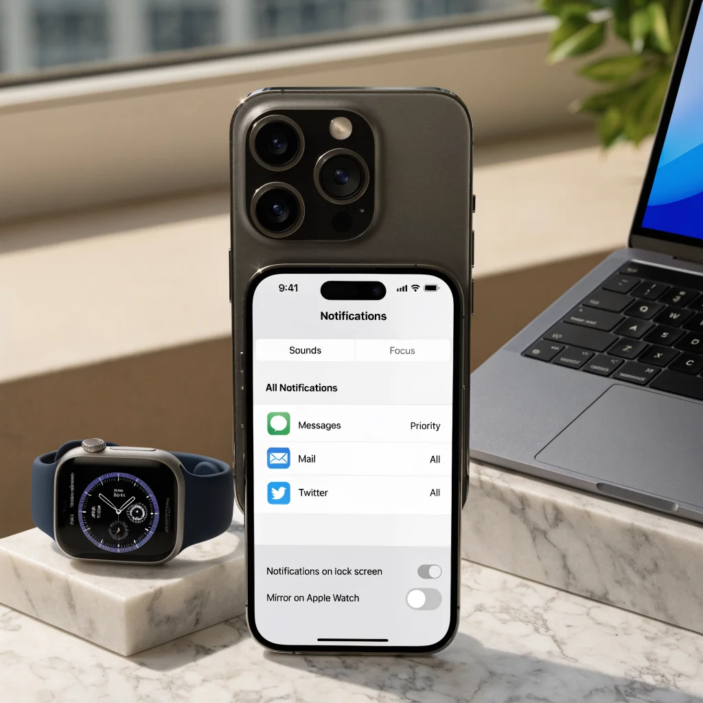 A realistic photo of an iPhone displaying the iOS 27 notification management screen with an Apple Watch Series 12 and MacBook Neo nearby.