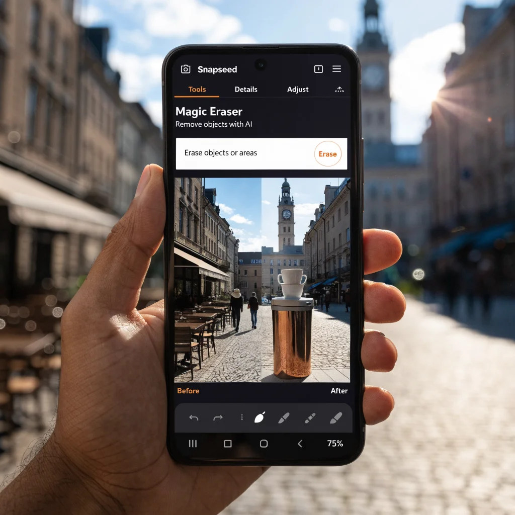 A smartphone screen showing the Snapseed Magic Eraser tool removing objects from a photo using AI on an Android device.