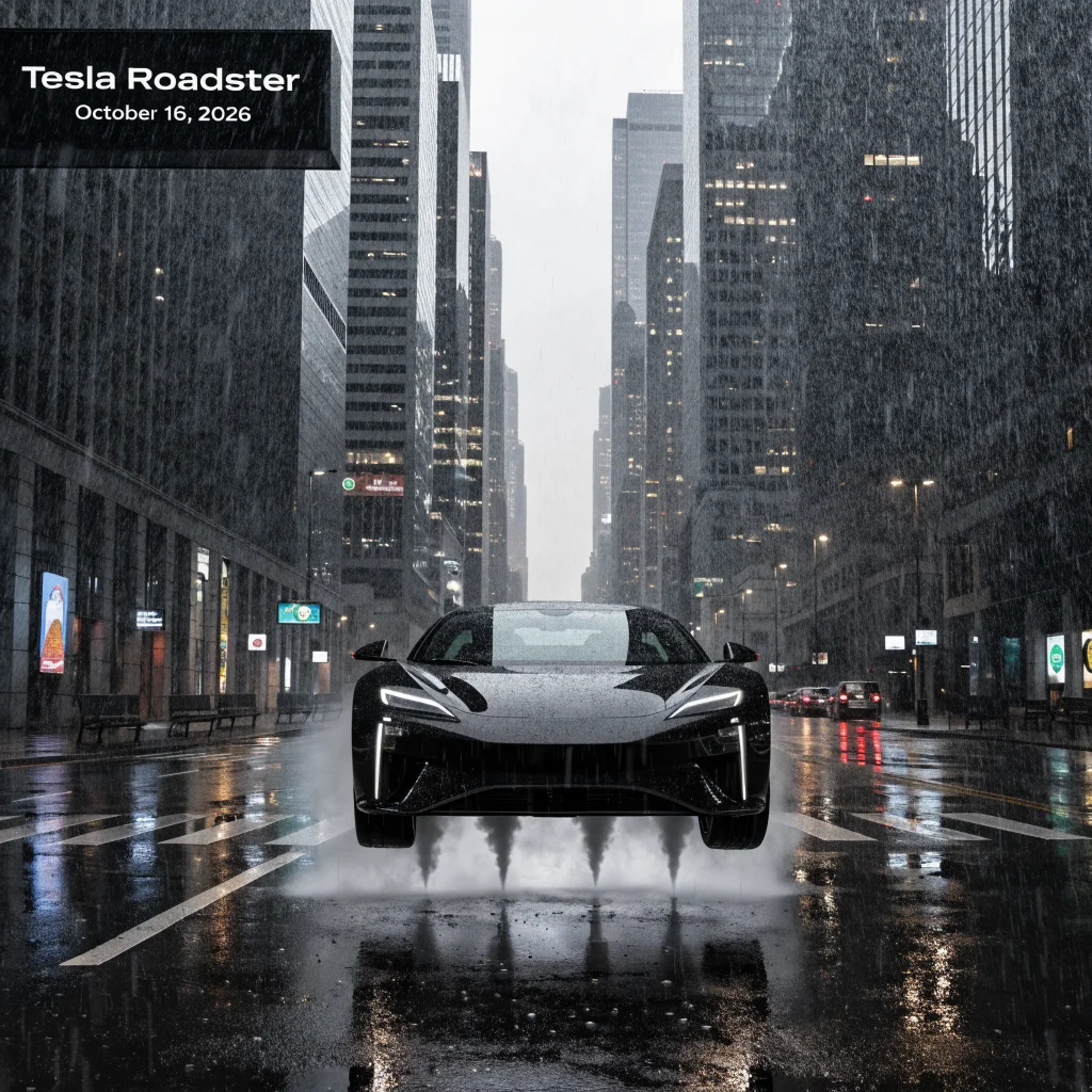 A realistic photo of the new Tesla Roadster performing an acrobatic driving demonstration with cold gas thrusters at its global premiere event on October 16, 2026.