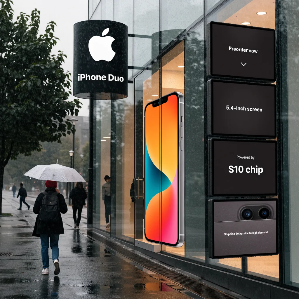 A realistic photo of the new foldable iPhone Duo with a 5.4-inch screen and S10 chip, displayed at an Apple Store with preorder signs and shipping delay notices.