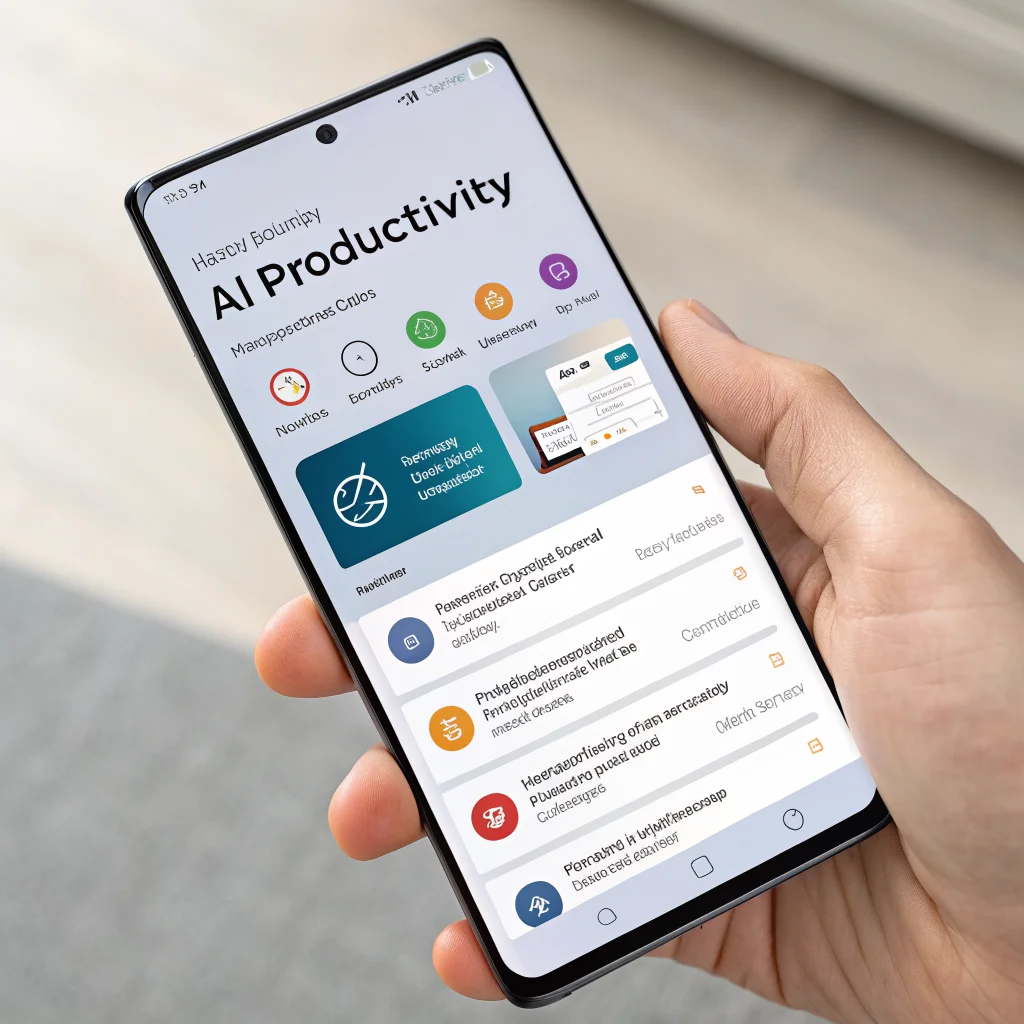 A realistic photo of a Galaxy S25 Ultra smartphone displaying AI productivity applications with haptic feedback and voice-enabled Grok AI features in use.