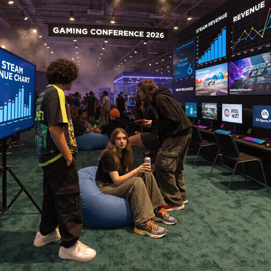 A vibrant gaming convention in 2026 showcasing new releases like Forza Horizon 6, Resident Evil Requiem, Wardogs, Helldivers 2, and EA Sports FC27 with Steam revenue charts.