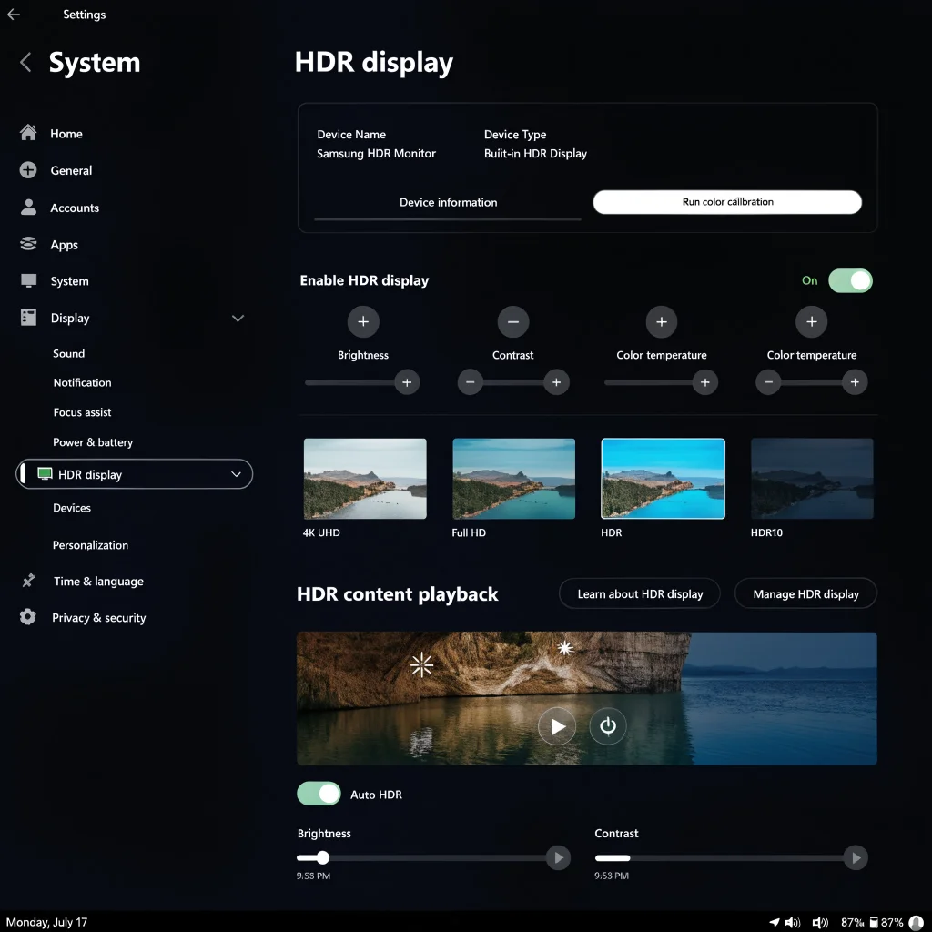 A modern Windows 11 settings app interface showcasing HDR display management and integrated control panel features in a sleek design.