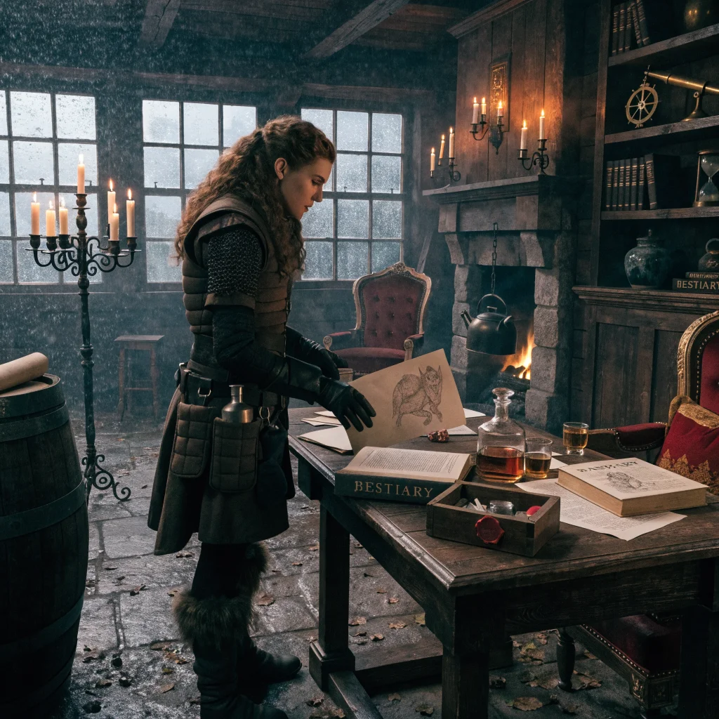 A realistic photo of a female witcher investigating a vampire murder contract with detailed bestiary books and RPG game elements in a dimly lit medieval tavern.