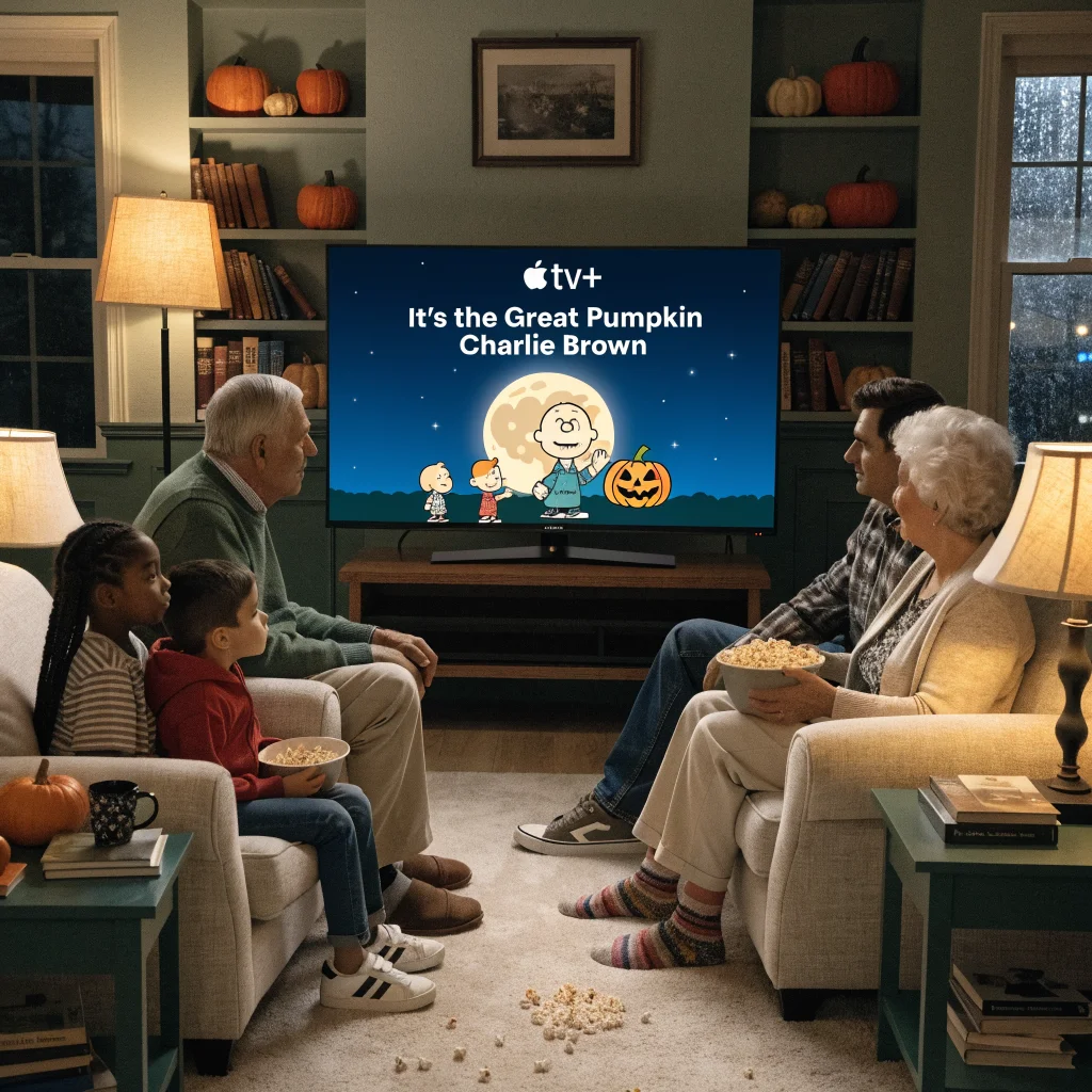 A family watching It's the Great Pumpkin Charlie Brown Halloween special on Apple TV+ at home, enjoying free streaming on a large screen.