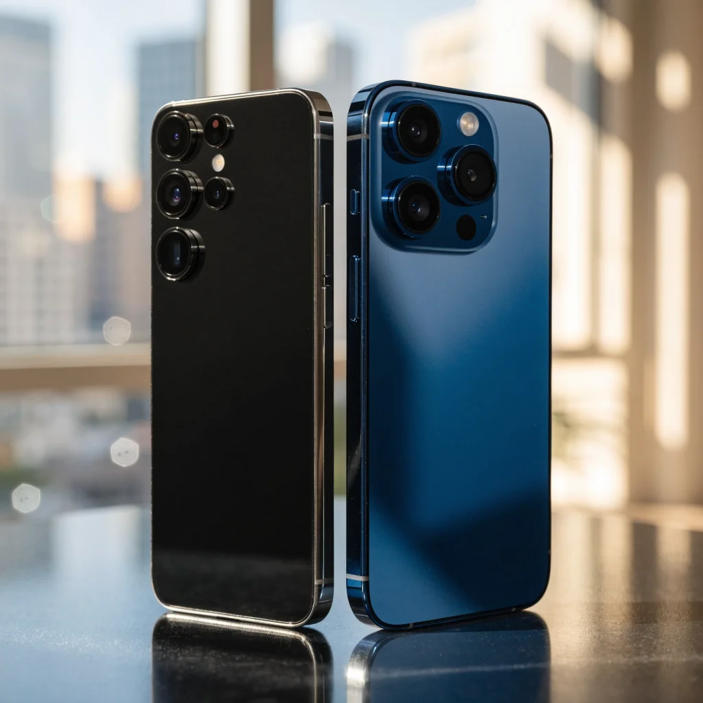 A realistic photo of Samsung Galaxy S26 Ultra and iPhone 18 Pro Max side by side on a table, showcasing their sleek designs for a tech comparison article.