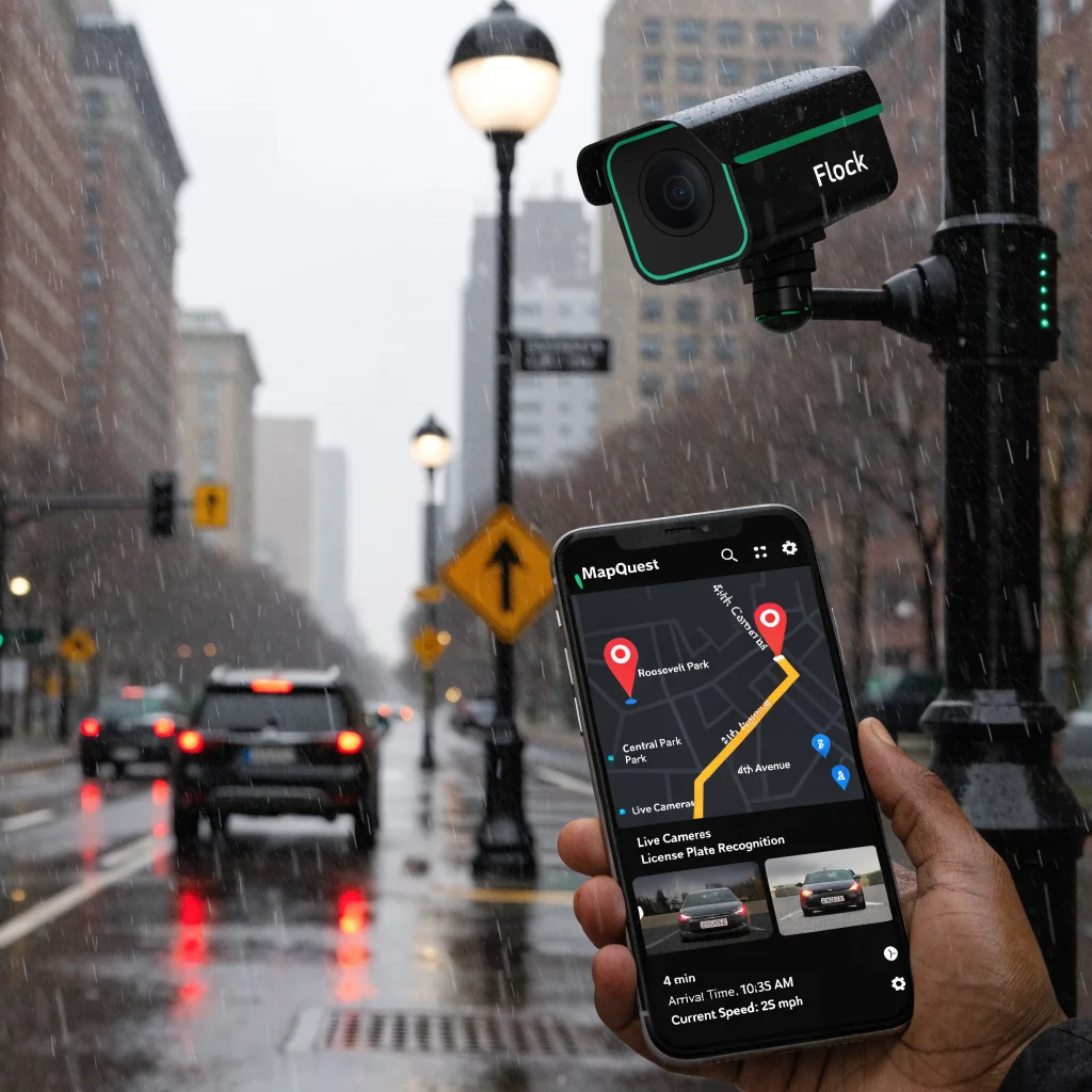 A realistic photo of an outdoor neighborhood surveillance camera from Flock installed on a streetlight, highlighting MapQuest navigation app on a smartphone displaying camera locations and license plate recognition features for public safety in 2026.