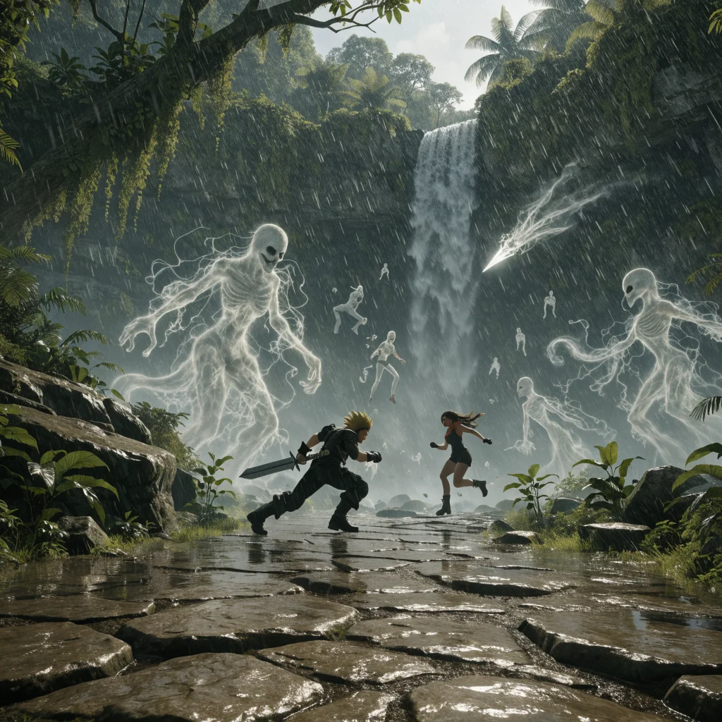 A detailed screenshot of Final Fantasy 7 Revelation showing character battle actions and Whisper entities in a lush environmental setting.