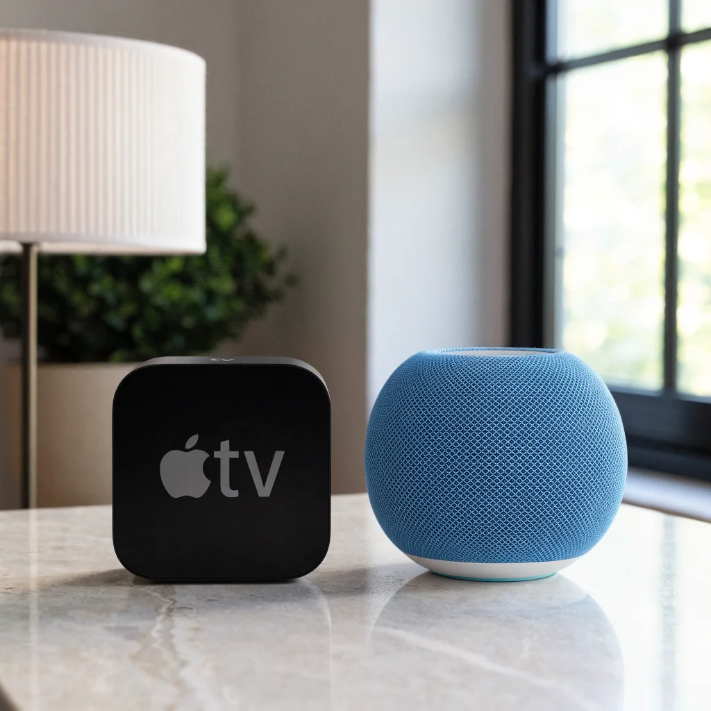 A realistic photo of the new Apple TV 4K and HomePod mini models displayed side by side on a sleek table, highlighting their design and features.