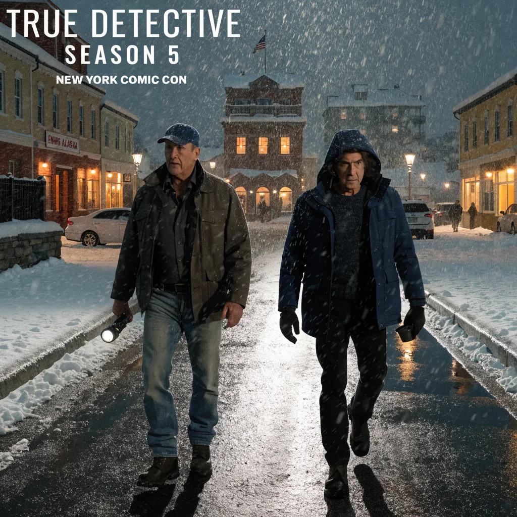Nicolas Cage and Antonio Banderas star as detectives investigating a mysterious case in snowy Ennis, Alaska, featured in True Detective Season 5 promotional event at New York Comic Con.