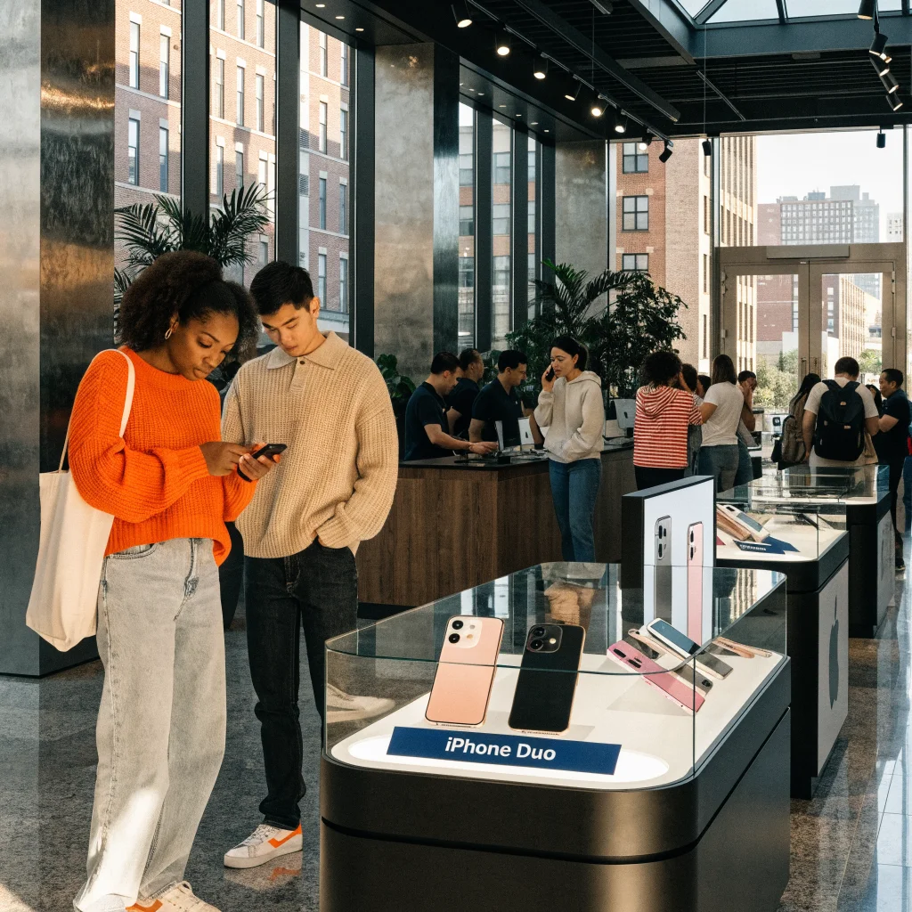 A realistic photo of an Apple Store displaying the new iPhone Duo smartphones with promotional banners and customers exploring the devices.