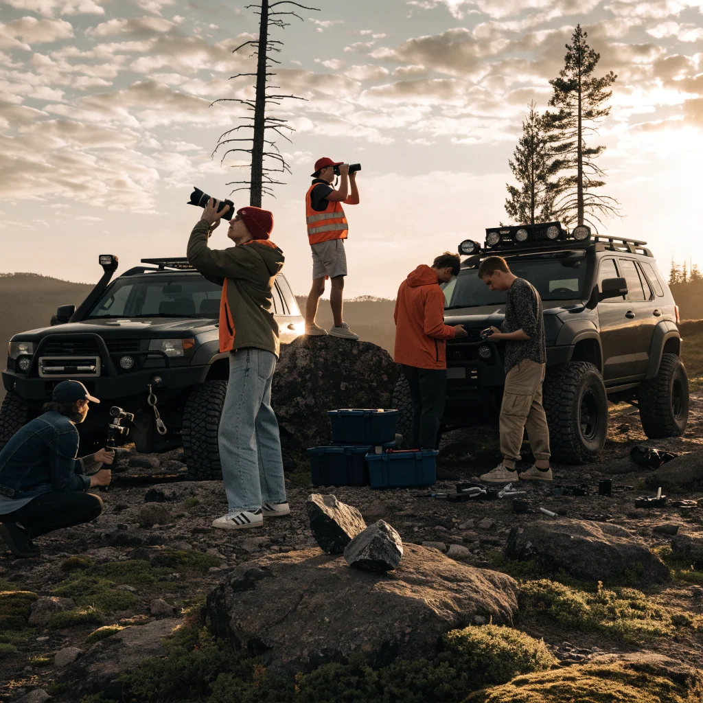 A group of friends offroading together in rugged terrain at sunset, capturing wildlife photos, upgrading vehicles, and searching for meteorites in a cooperative outdoor adventure.