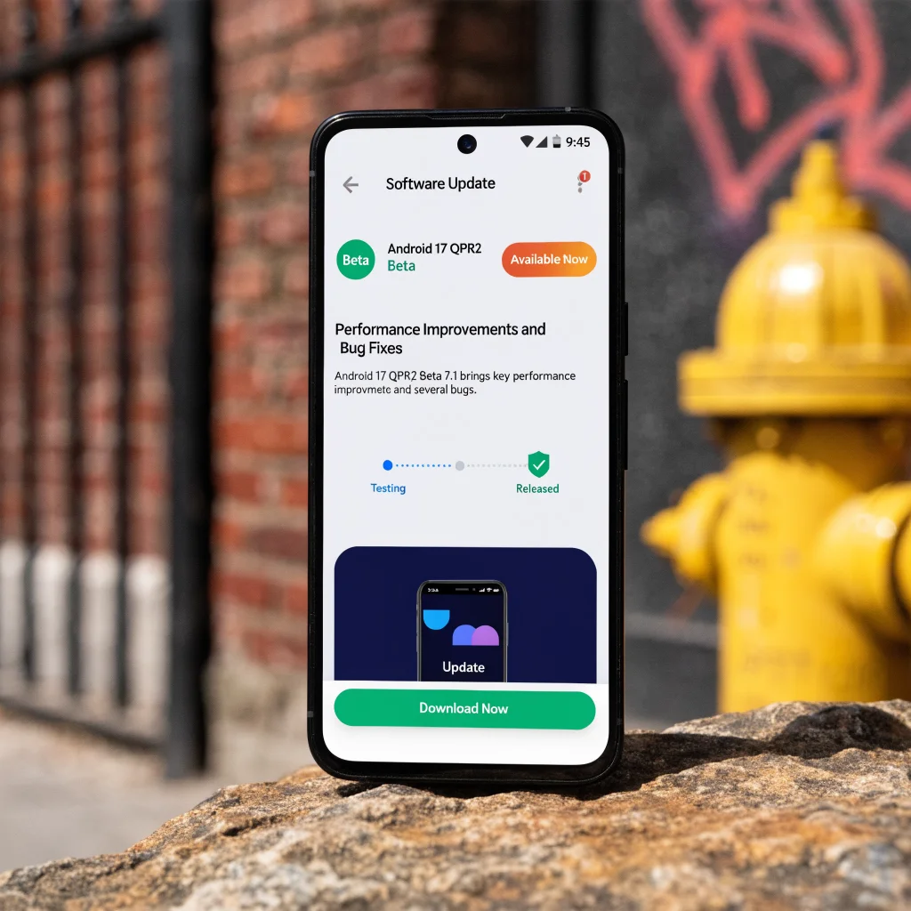 A close-up photo of a Google Pixel smartphone displaying the Android 17 QPR2 Beta 7.1 software update screen, highlighting performance improvements and bug fixes.