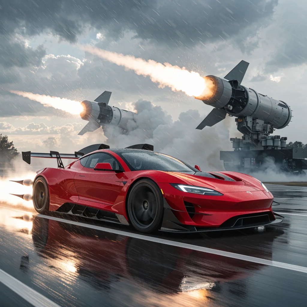 A 2023 Tesla Roadster equipped with gas thrusters and advanced aerodynamic stabilization undergoes supersonic 0-60 mph acceleration tests alongside Lockheed Martin MKV missile defense systems.
