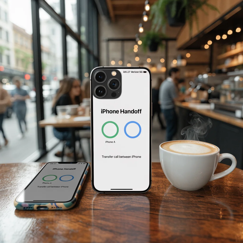 A realistic photo of an iPhone 18 Pro using iOS 27 with Verizon 5G network displaying iPhone Handoff between two devices.