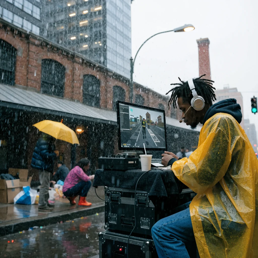 A realistic photo of Pierre-Louis Biojout working on a zombie shooter game about homelessness and fentanyl addiction in San Francisco's Tenderloin district.