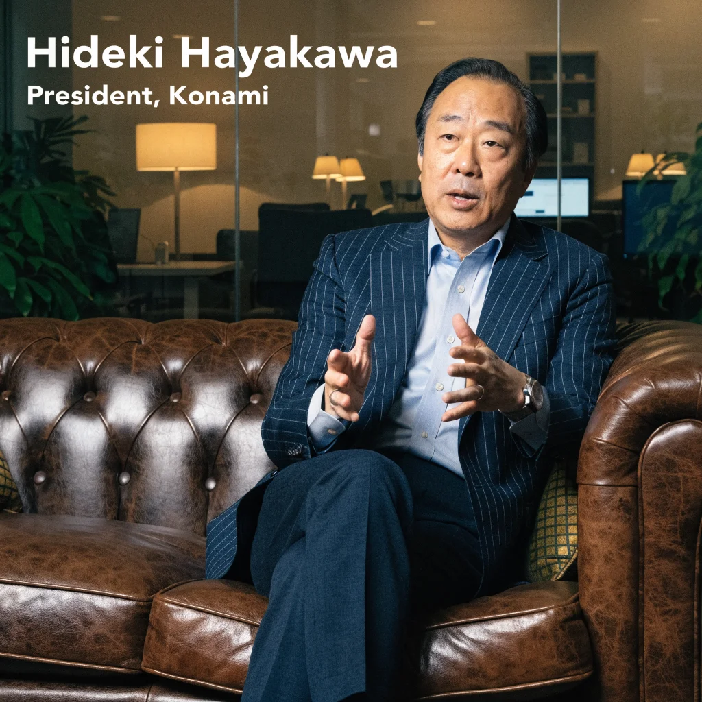 A professional portrait of Konami president Hideki Hayakawa discussing the impact of AI on video game development and industry challenges.