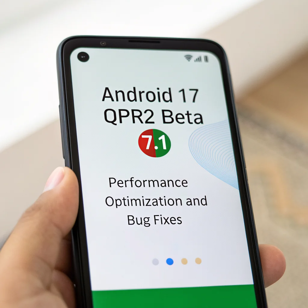 A close-up photo of a Google Pixel 6a smartphone displaying the Android 17 QPR2 Beta 7.1 update screen with a focus on performance optimization and bug fixes.