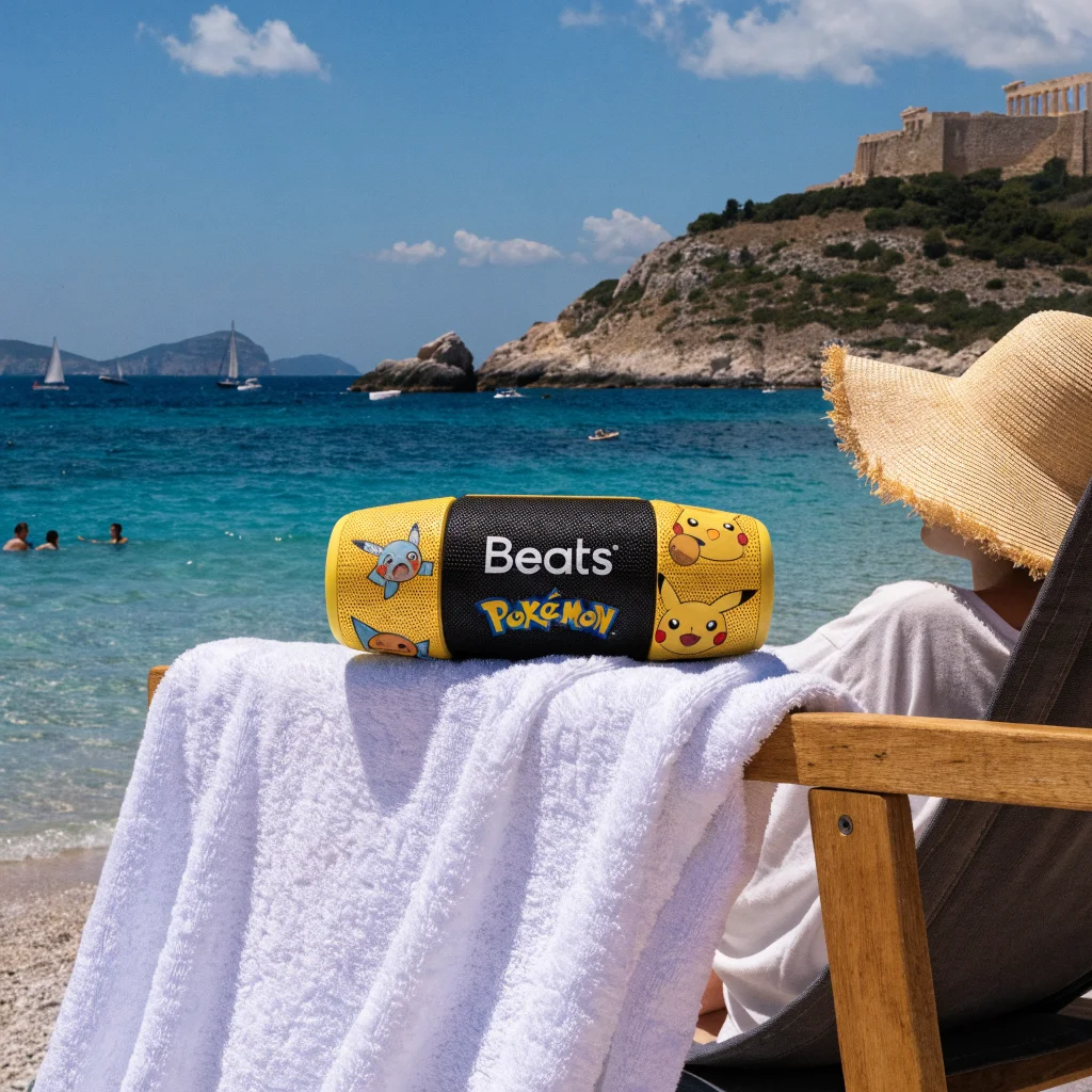 A realistic photo of a portable Beats Pill Bluetooth speaker featuring Pikachu and Mimikyu designs from the Beats and Pokemon collaboration displayed in a Greek setting.