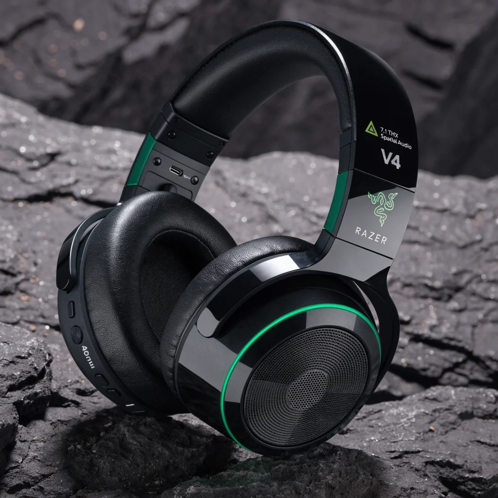 A close-up photo of Razer Kraken V4 X gaming headphones featuring USB-C, 40mm drivers, HyperClear microphone, memory foam ear cushions, and 7.1 THX Spatial Audio branding.