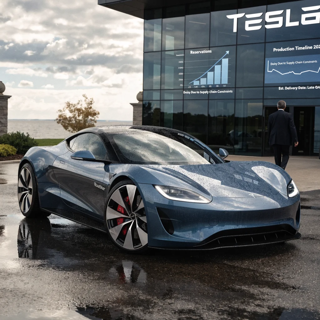 A sleek 2028 Tesla Roadster electric car parked outdoors with Elon Musk and production timeline charts in the background, highlighting delays and reservations.