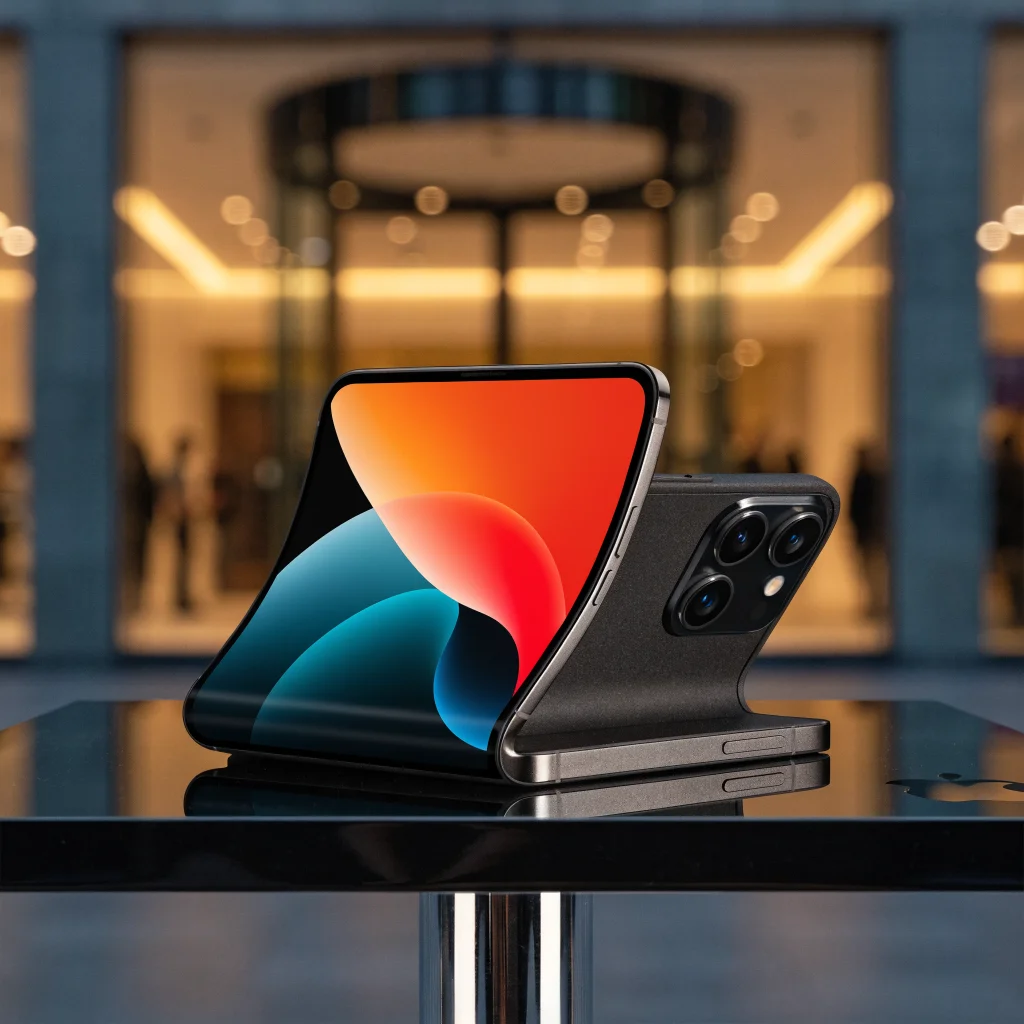 A realistic photo of the Apple iPhone Duo featuring a foldable screen and dual cameras displayed on a sleek table with Apple branding.