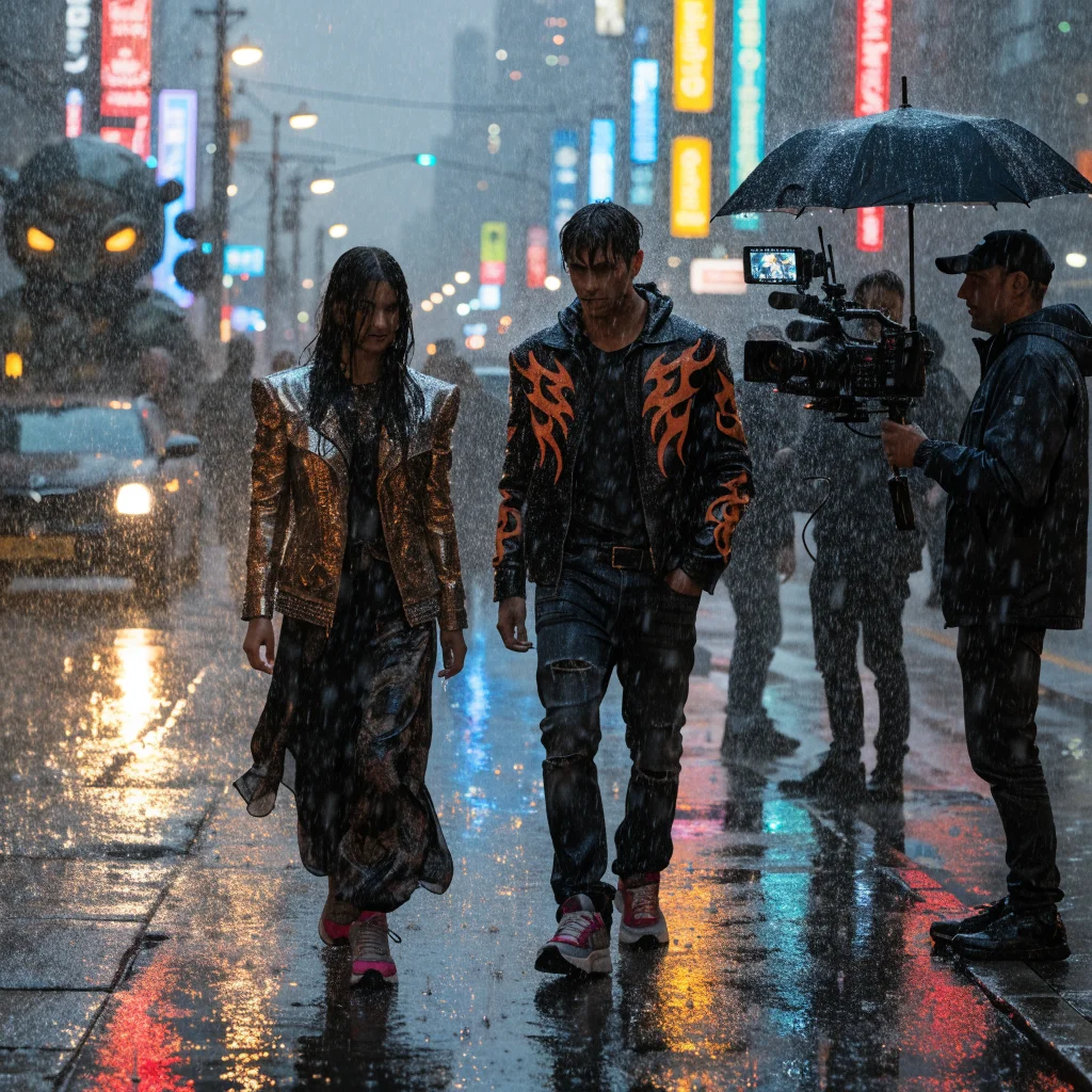 A realistic photo of a film set with actors portraying Cyberpunk 2077 characters, neon-lit Night City streets, and a director coordinating a live-action Cyberpunk movie.