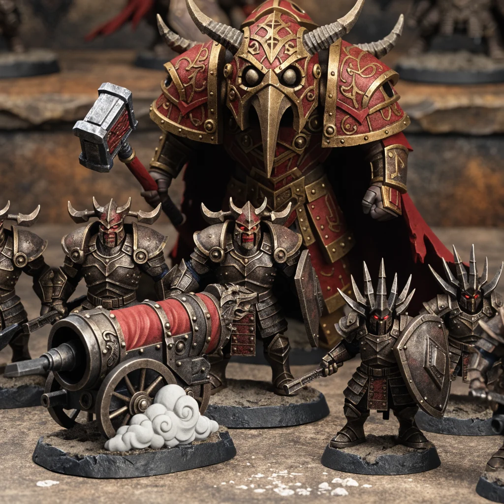 Realistic photo of Warhammer Age of Sigmar Khazalite Holds army models including Duardin Fyreslayers, Hjulda Drakkblud hero, Oathkeeper Cannon, and Clanshields soldiers.