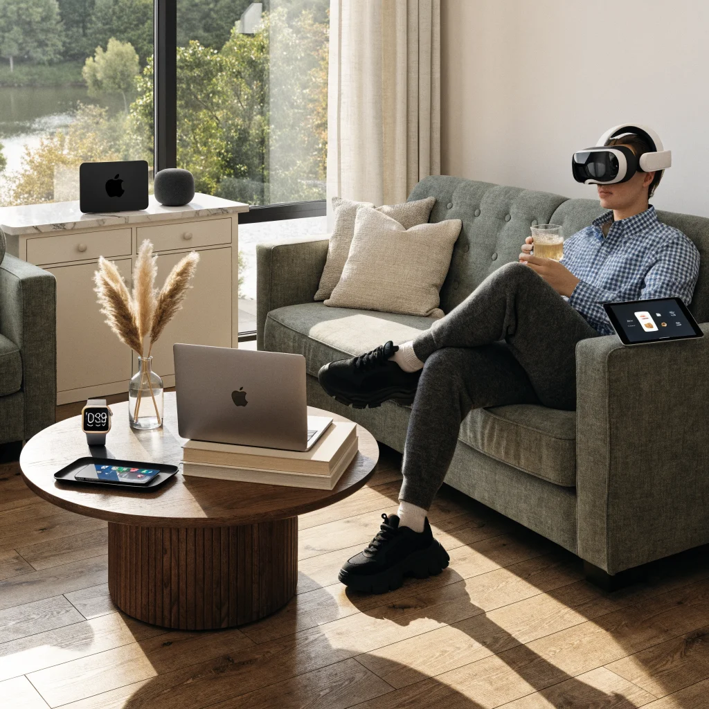 A modern Apple smart home setup featuring Apple Vision Pro, HomePod mini 2, Apple TV 4K, iPhone 17, MacBook Pro, Apple Watch Series 12, and iPad Air devices.