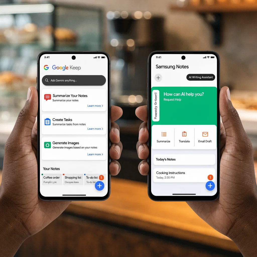 A side-by-side comparison photo of Google Keep and Samsung Notes apps on Android devices showcasing Gemini feature integration for enhanced note-taking productivity.