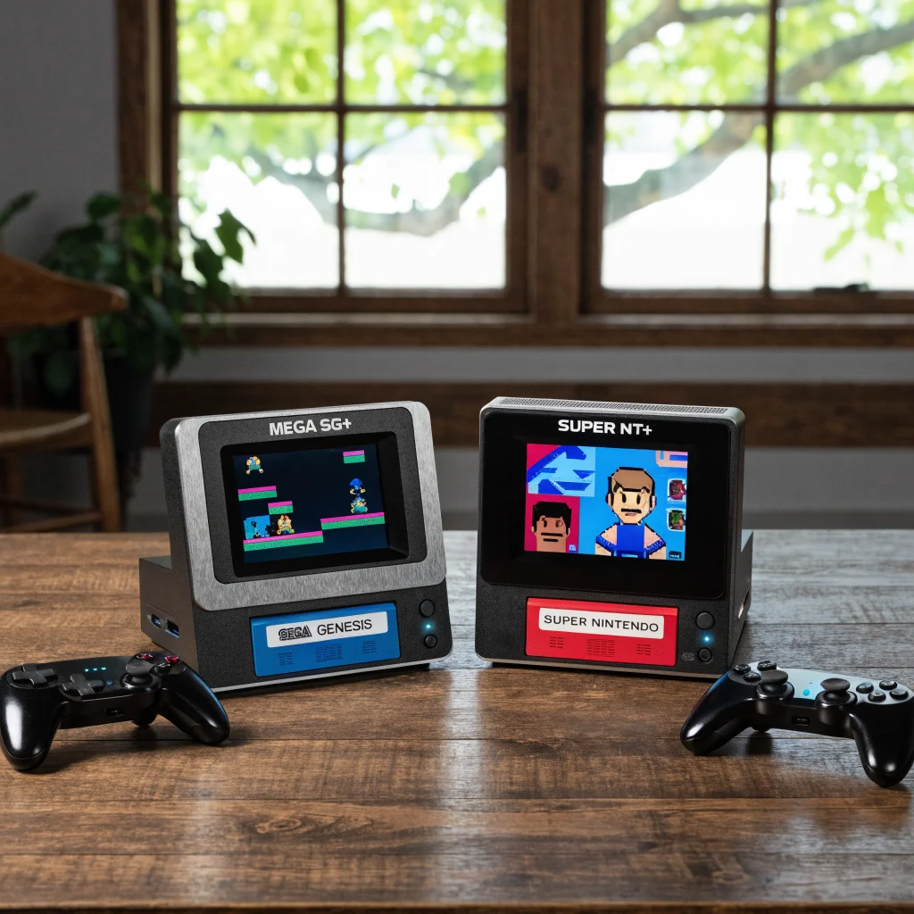 A realistic photo of Analogue Mega Sg+ and Super Nt+ 16-bit FPGA consoles with Bluetooth controllers, USB-C power, displaying Sega Genesis and Super Nintendo cartridges.