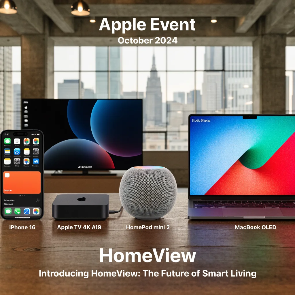 A realistic photo of the new Apple HomeView interface displayed on an iPhone alongside the Apple TV 4K A19, HomePod mini 2 with glowing sound effect, and a MacBook OLED screen during the October 2024 Apple event.