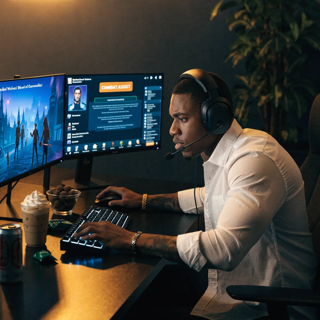 A realistic photo of a player intensely engaged with an updated vampire RPG game featuring Rebel Wolves' Blood of Dawnwalker story mode and combat assist enhancements.