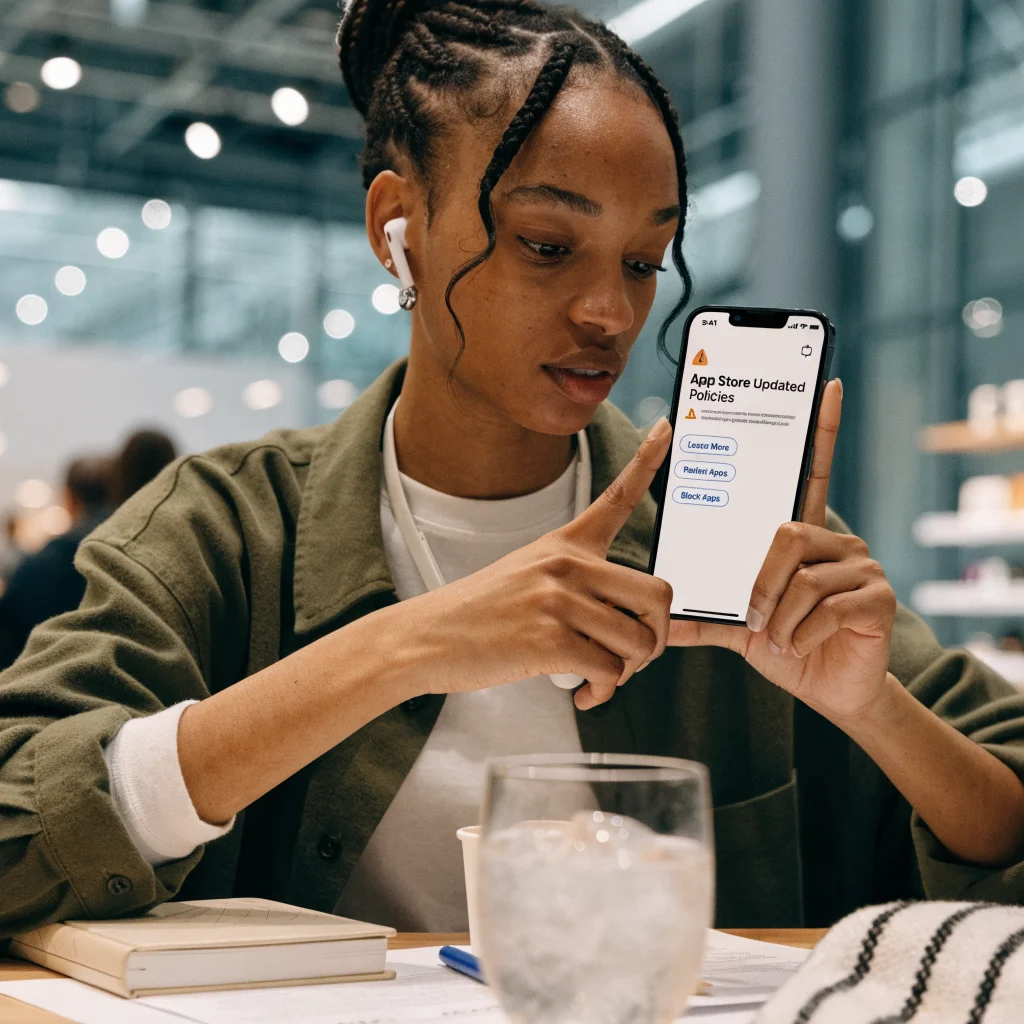 A realistic photo of a smartphone displaying the updated App Store regulations banning non-consensual and nudification apps with privacy protection features.