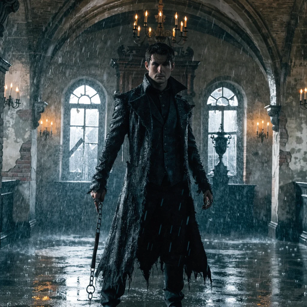 A realistic photo of Trevor Belmont, a gothic vampire hunter, standing heroically with a whip in a dark medieval castle hallway.