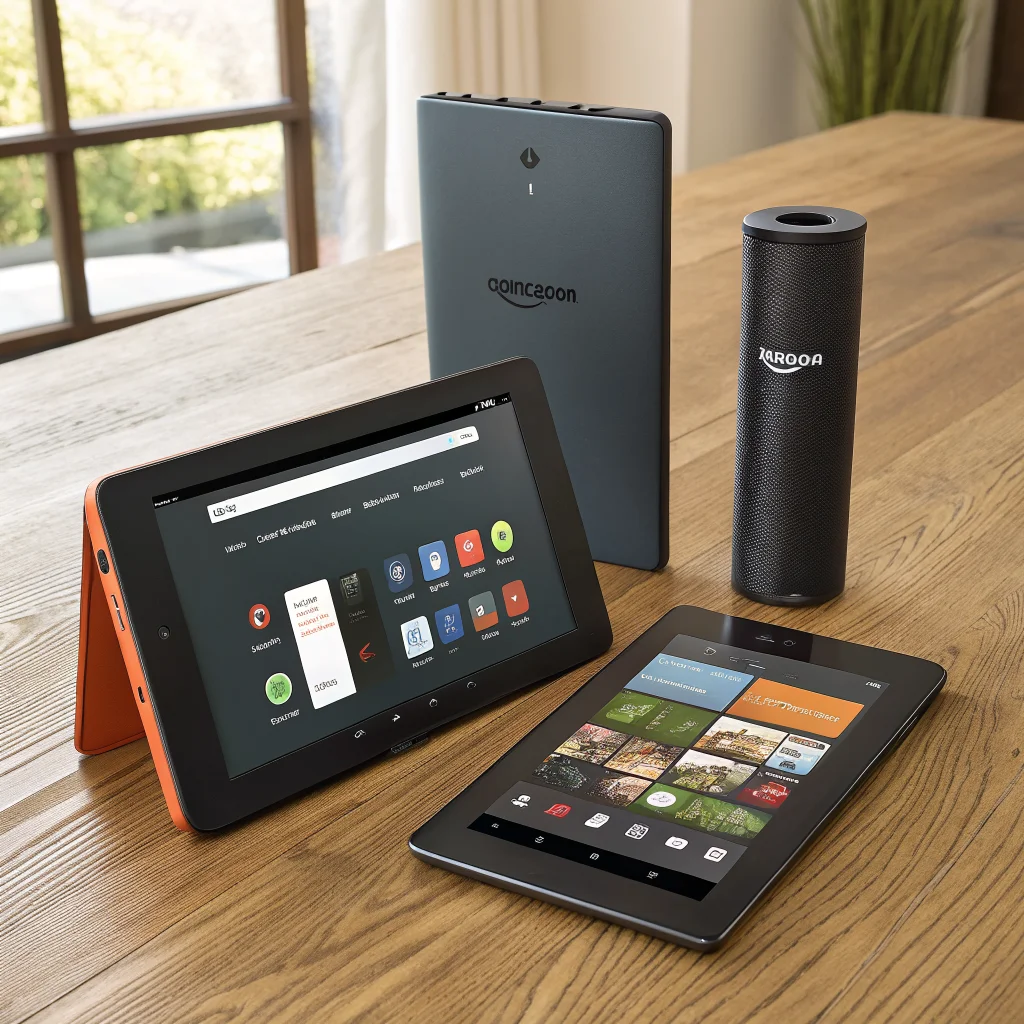 A realistic photo of the latest Amazon Fire tablet showcasing Google Play Store compatibility alongside older Fire Phone models and Alexa tablets on a wooden table.