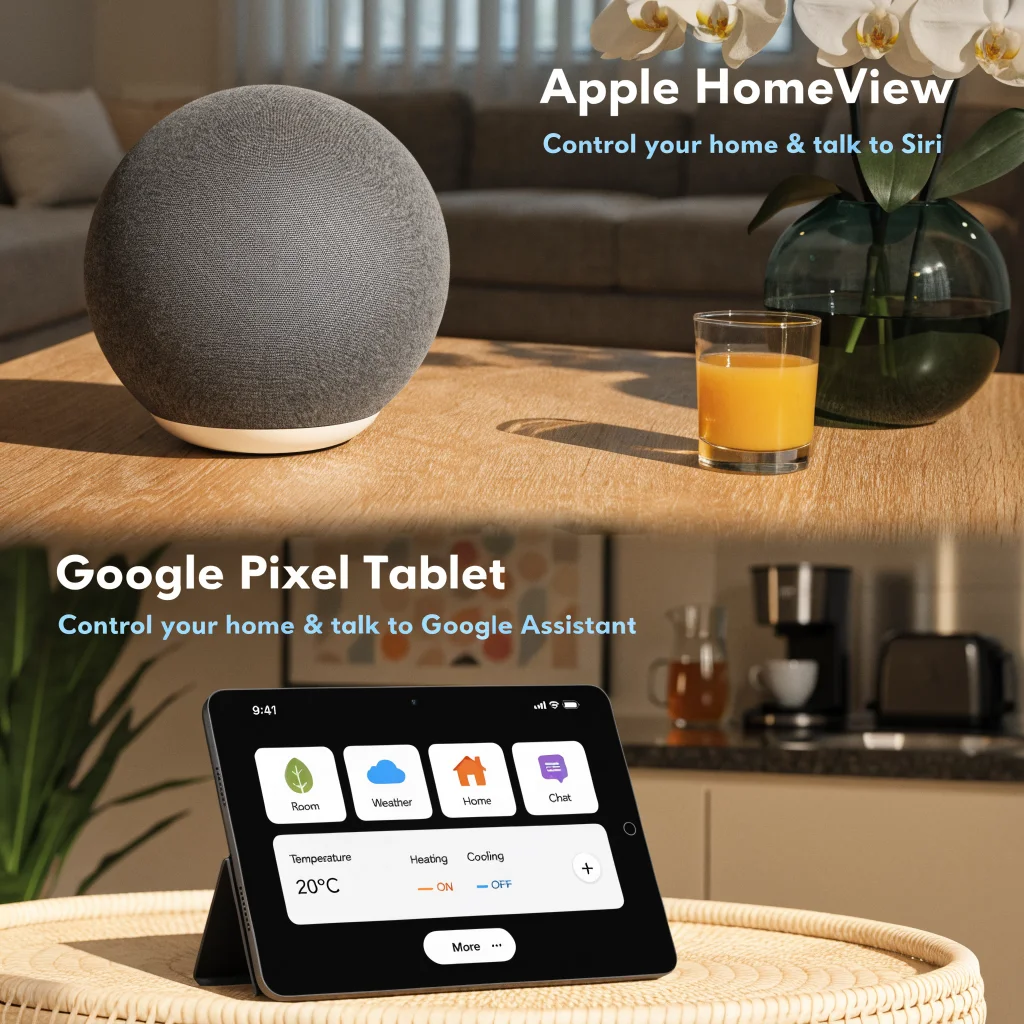 A modern smart home setup featuring Apple HomeView and Google Pixel Tablet as versatile smart home hubs controlling home automation and digital assistants.