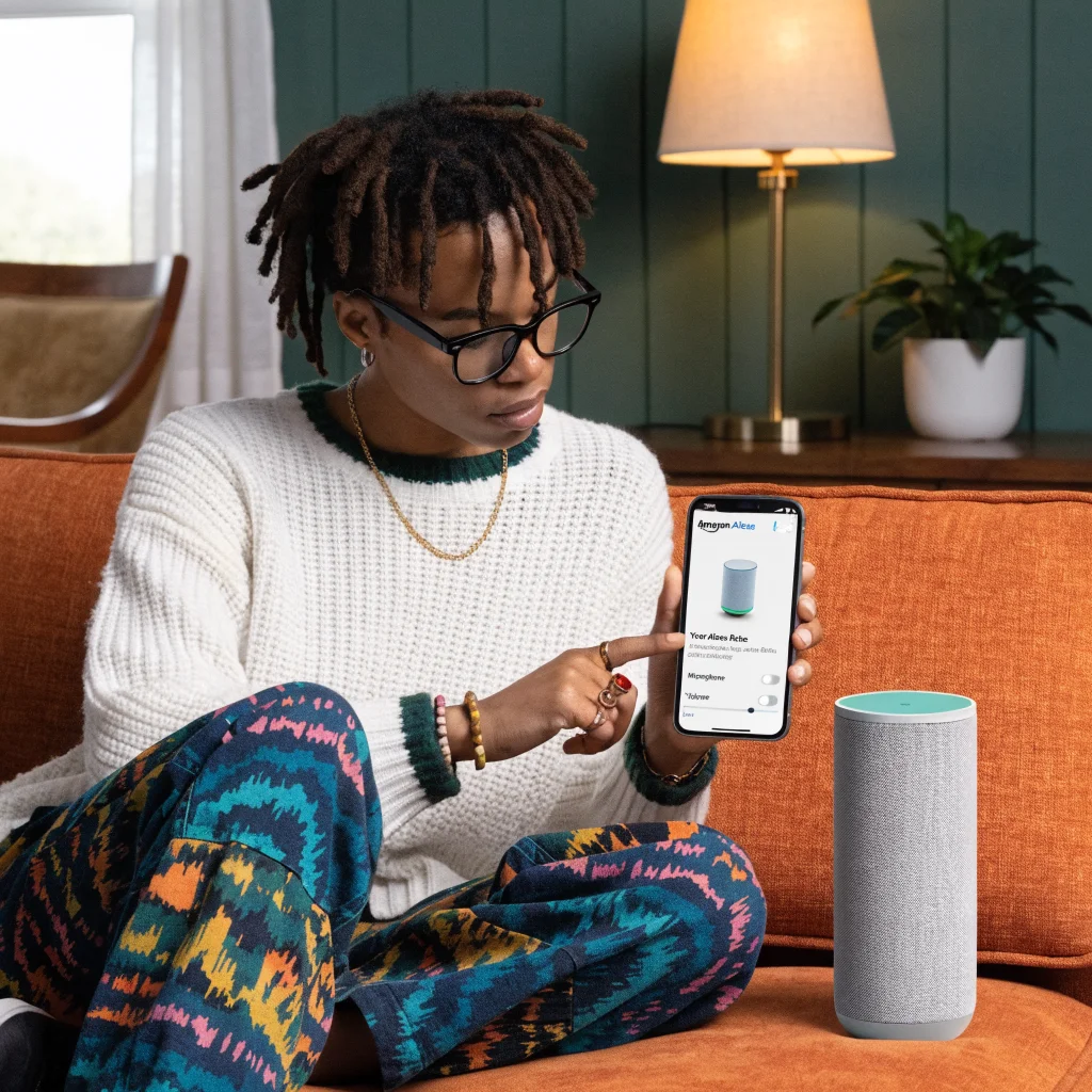 A person adjusting Amazon Alexa Echo settings on a smartphone app to improve voice commands and smart home integration.