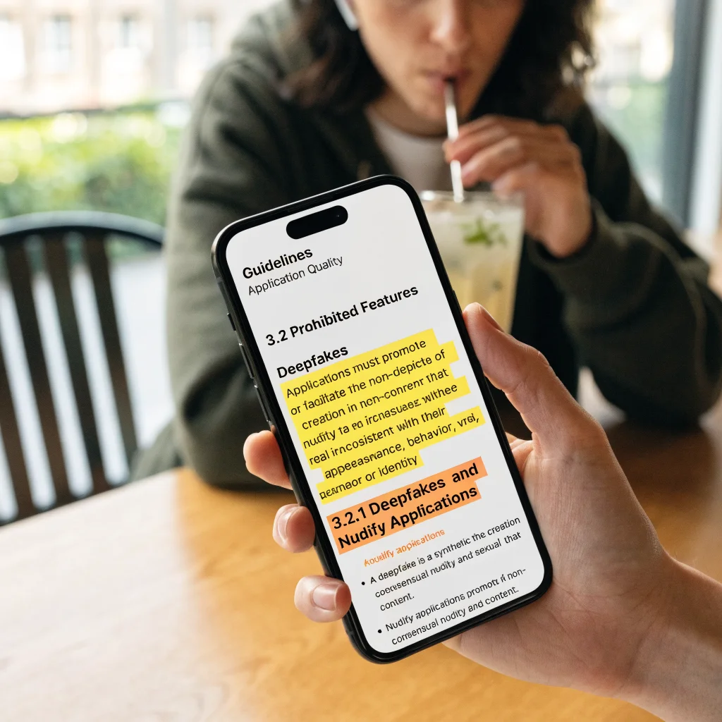 A realistic photo showing the Apple App Store guidelines document with highlighted rules against deepfake and Nudify apps promoting non-consensual nudity and sexual content.