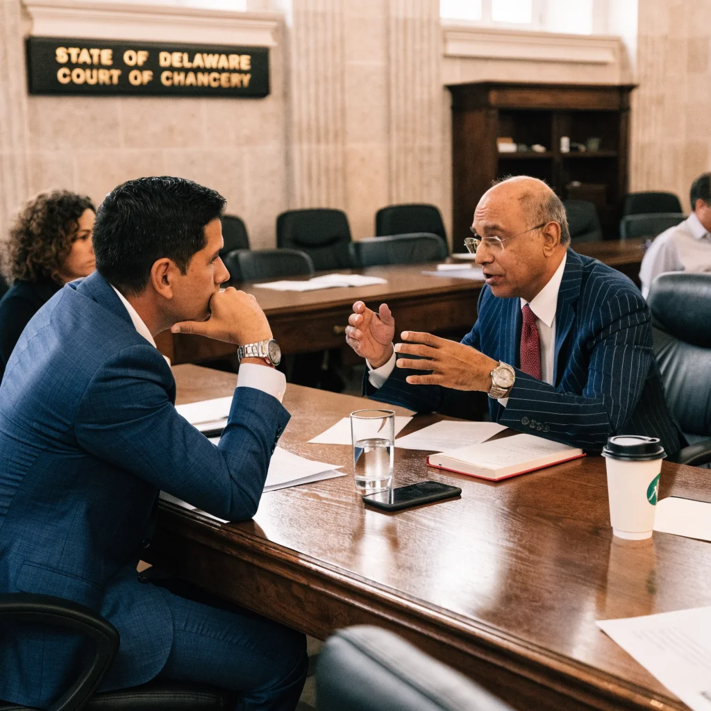 A courtroom in Delaware with Qualcomm and Arm representatives discussing the Snapdragon processor and AI technology licensing dispute.